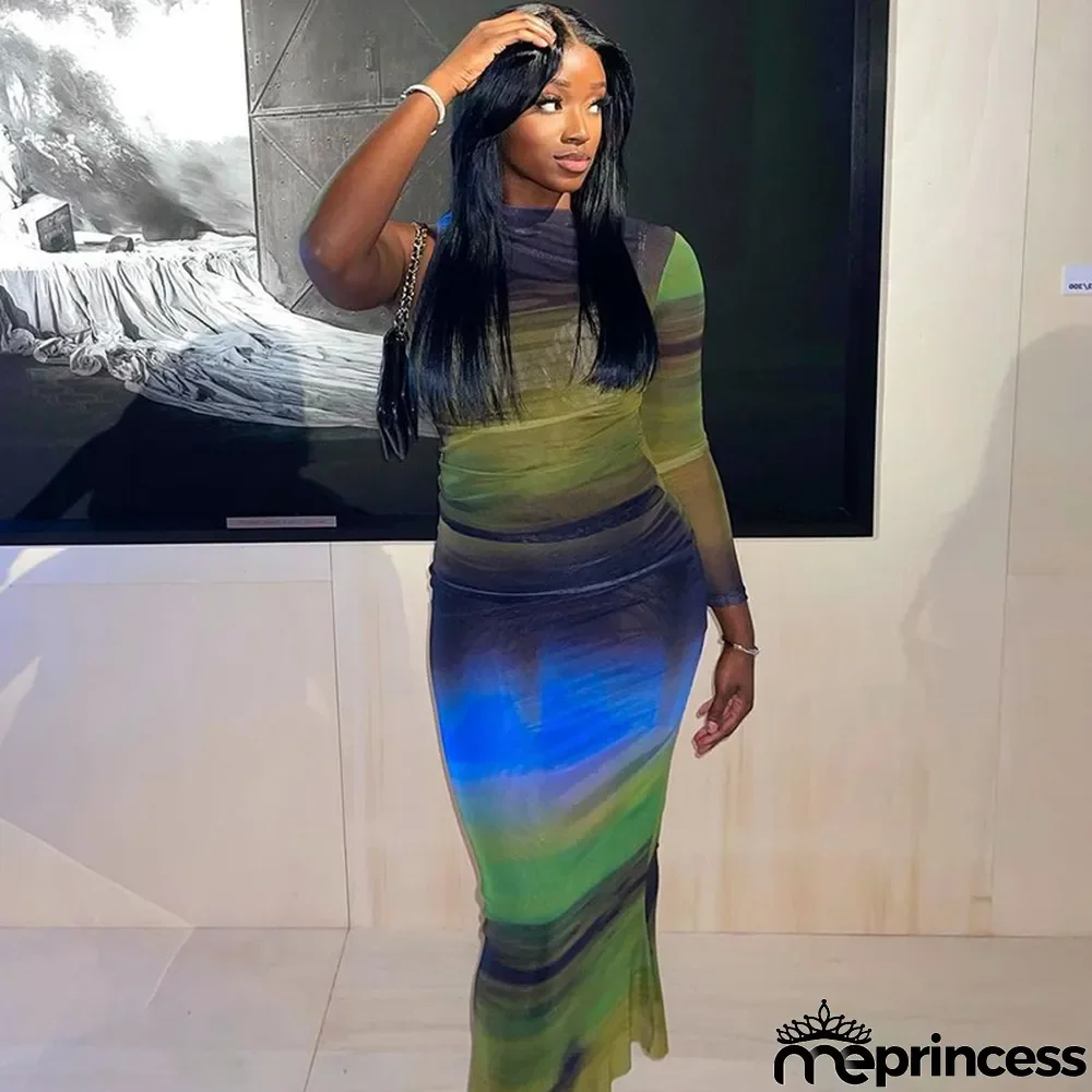 Women'S Round Neck Tight Fitting Dress Long Sleeve Printed Long Dress