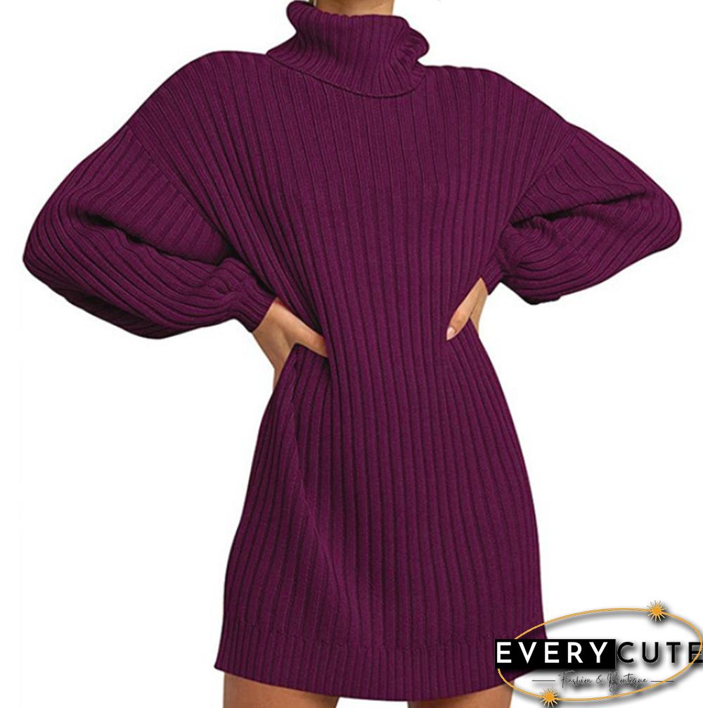 Purplish Red High Collar Knit Long Sleeve Sweater Dress