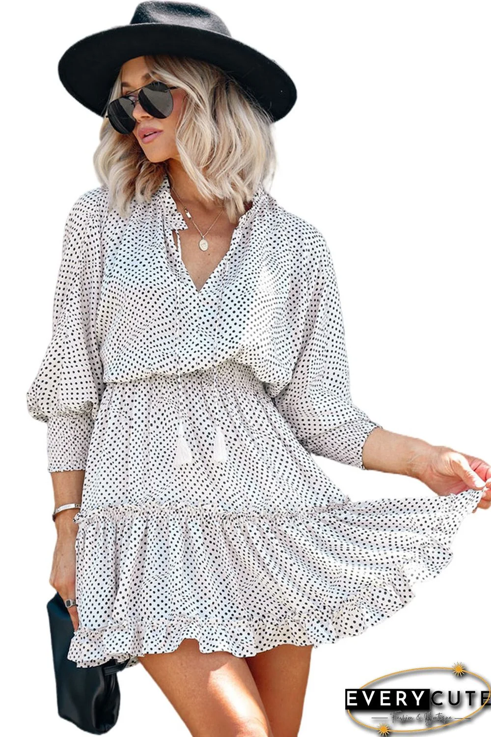 White Polka Dot Fringed Tie V-neck Ruffle Dress