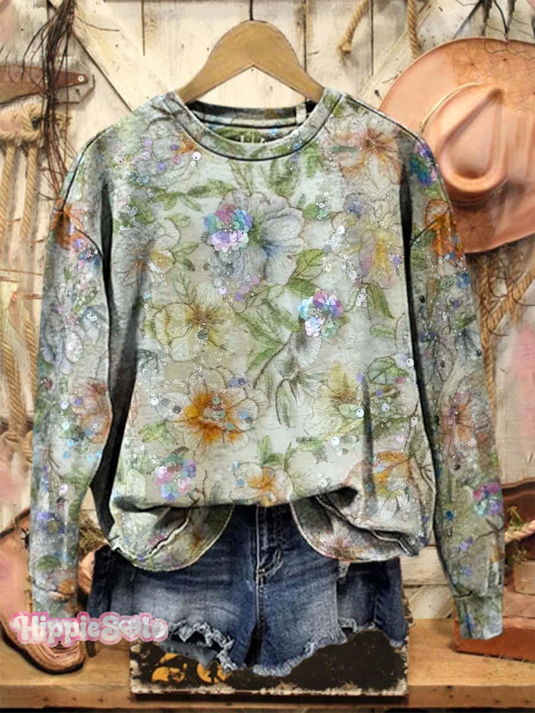 Vintage Lovely Floral Pattern Art Print Casual Sweatshirt Multicolor / S