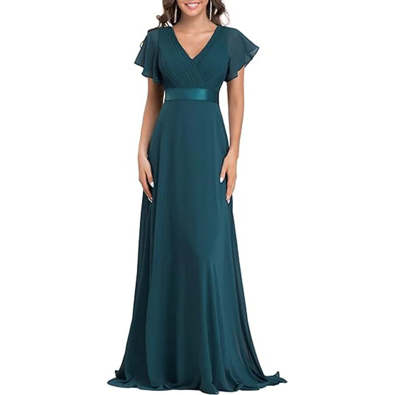 Uveng Uveng Sales Of Large Swing V-Neck Dress Chiffon Elastic Banquet Festival Annual Bridesmaid Performance Evening Dress Woman