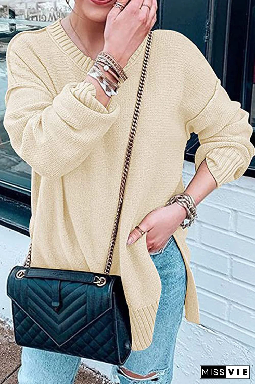 Casual Solid Patchwork Slit O Neck Tops Sweater
