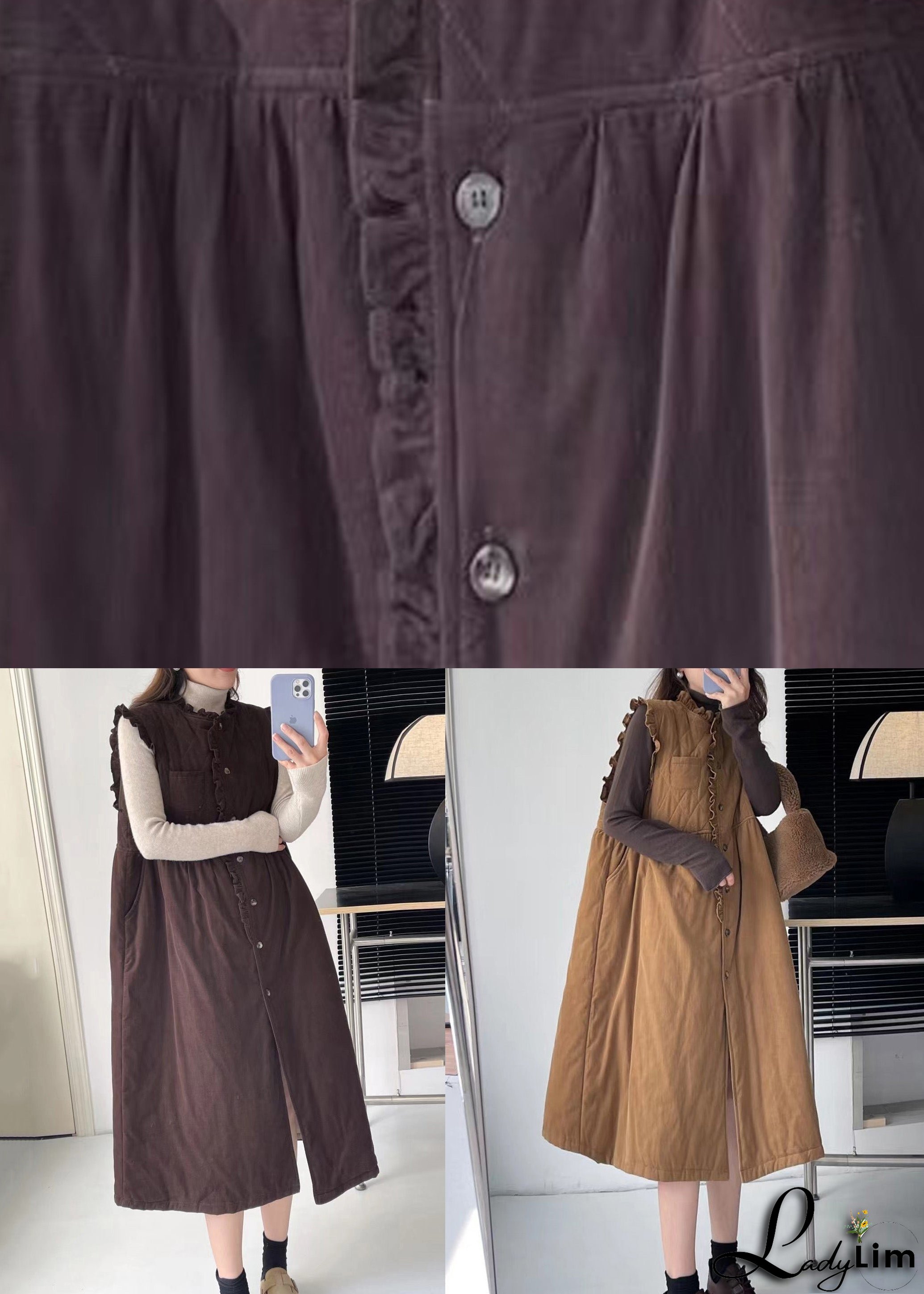 Coffee Pockets Cotton Filled Waistcoat Long Dress Stand Collar Winter