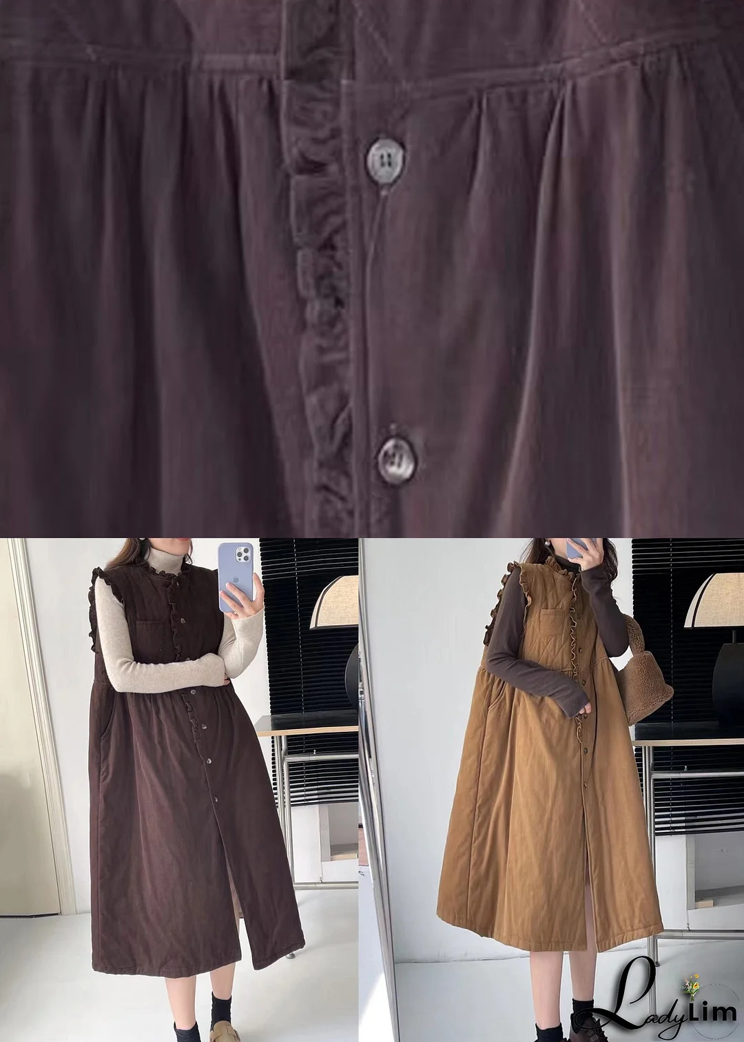 Coffee Pockets Cotton Filled Waistcoat Long Dress Stand Collar Winter