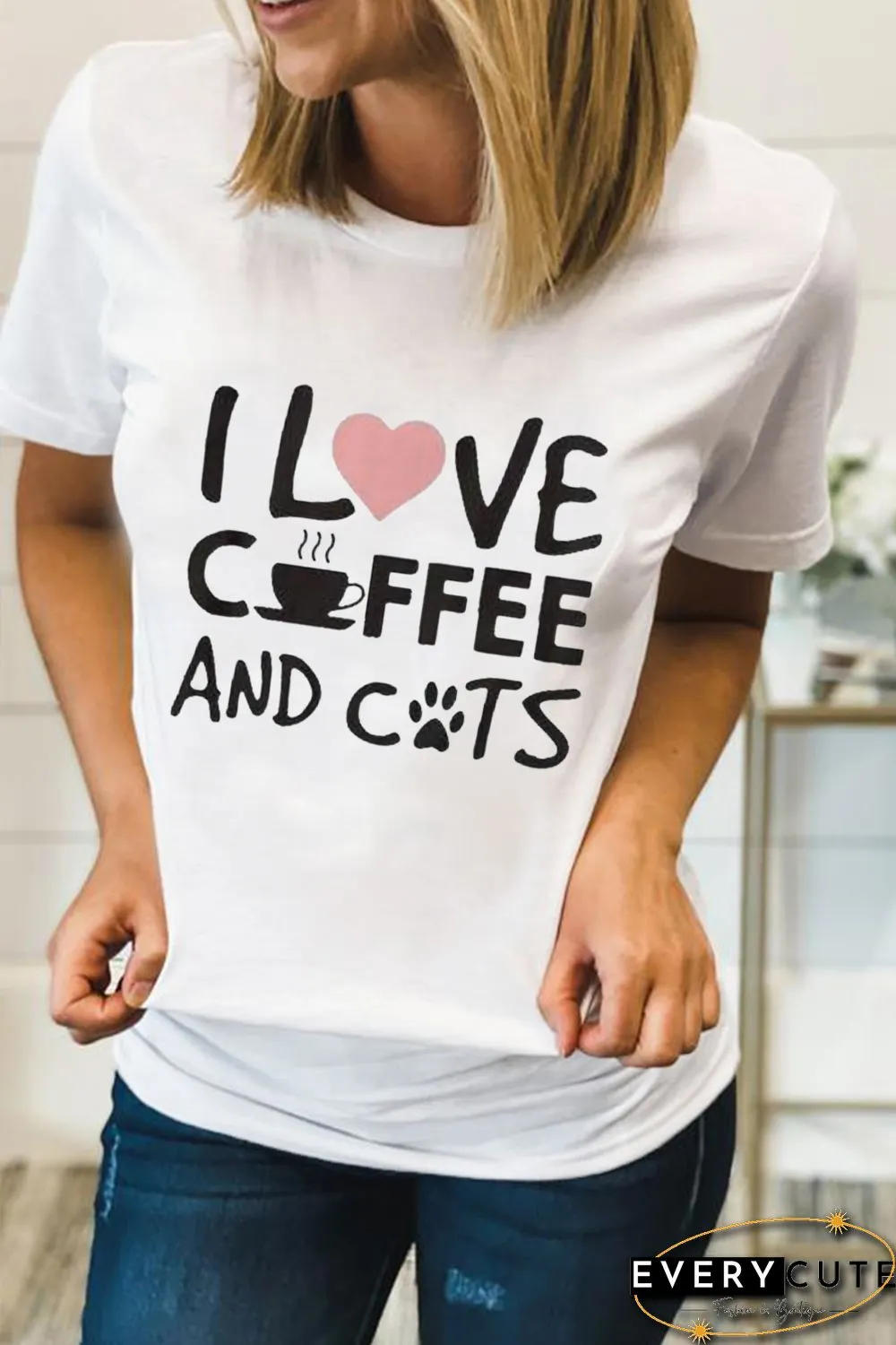 White I LOVE COFFEE AND CATS Short Sleeve Graphic Tee