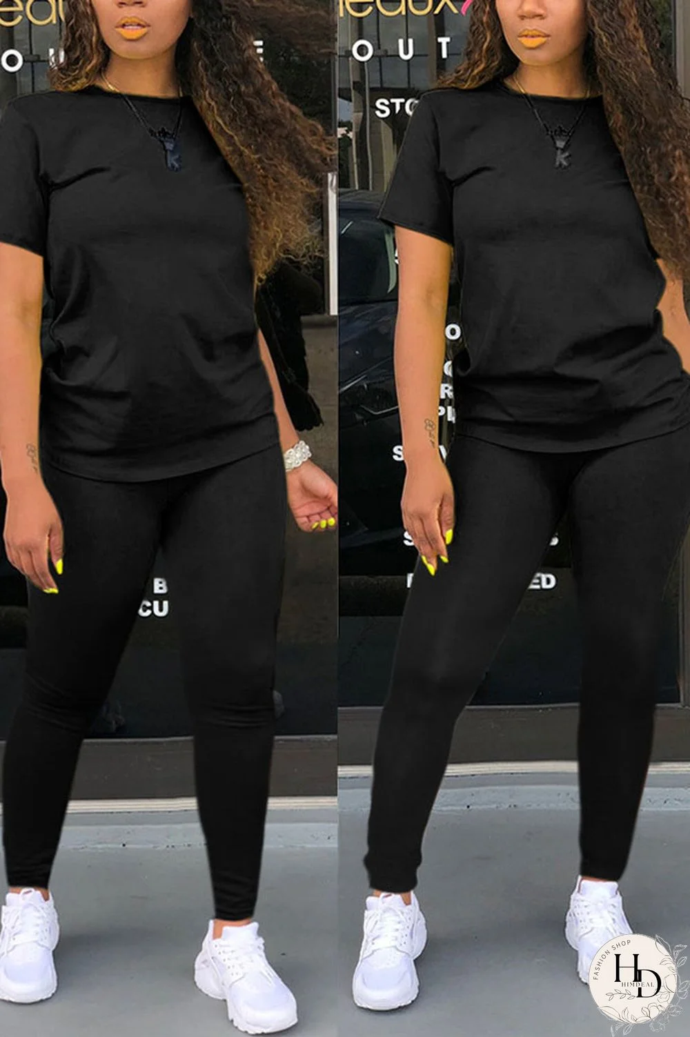Black Sexy Solid Regular Short Sleeve Two Pieces