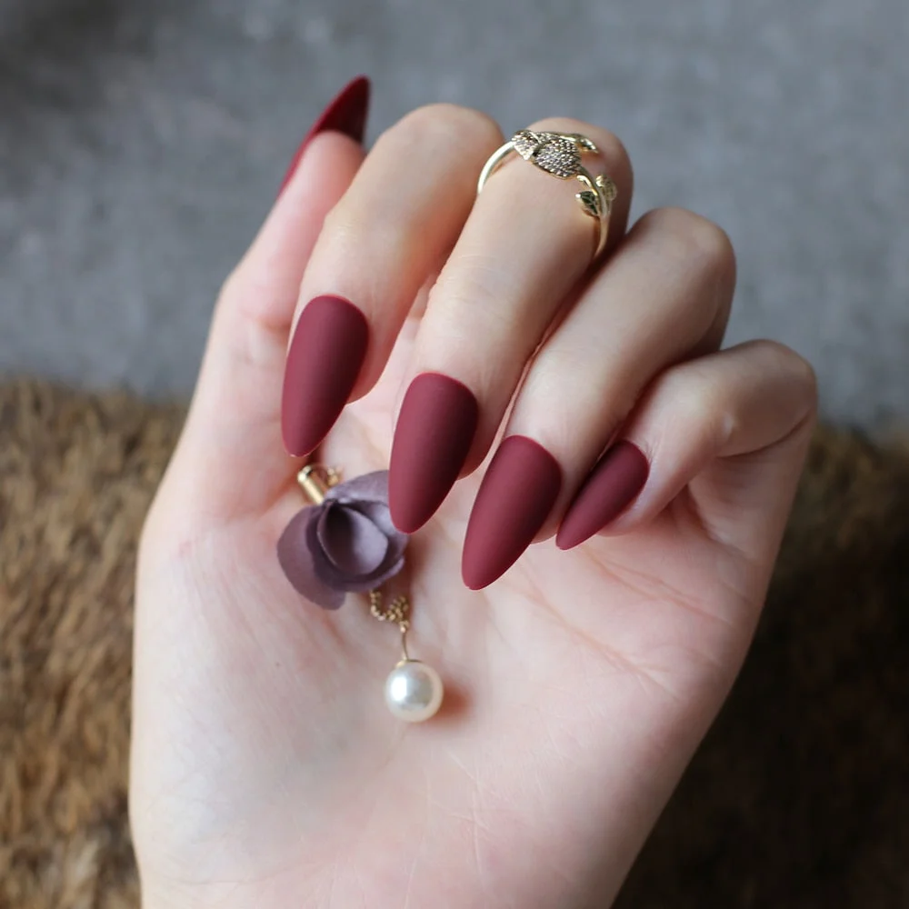 Matte false nails Water droplets wedding nails burgundy stiletto Fake nails blue coffee 28pcs full set nude-Nail Inspo