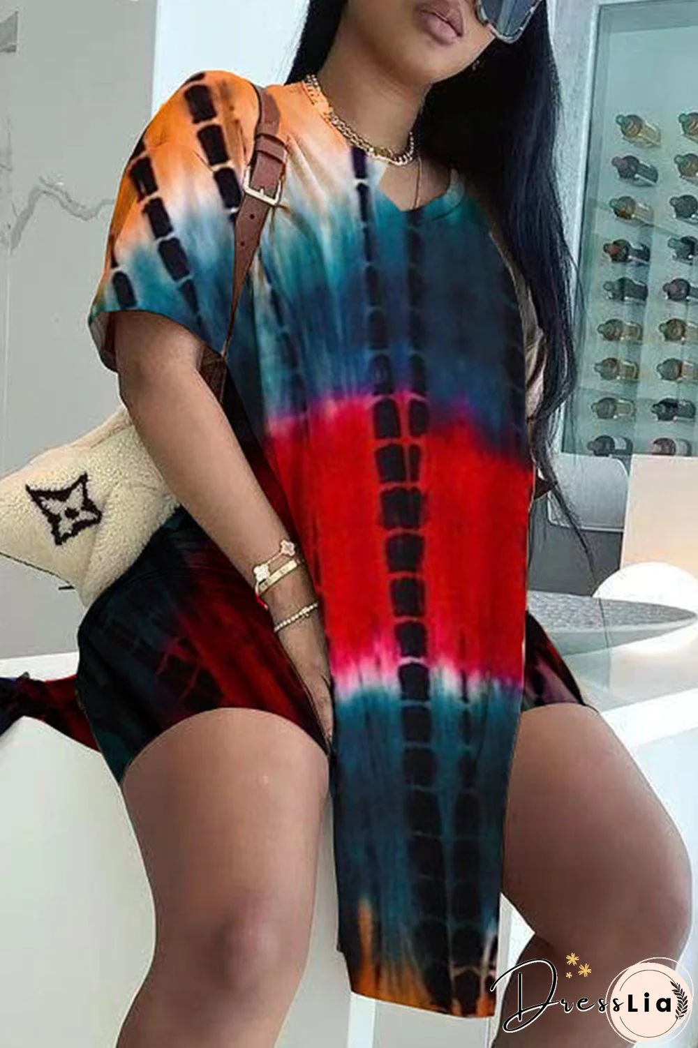 Fashion Casual Print Tie Dye Slit V Neck Short Sleeve Two Pieces