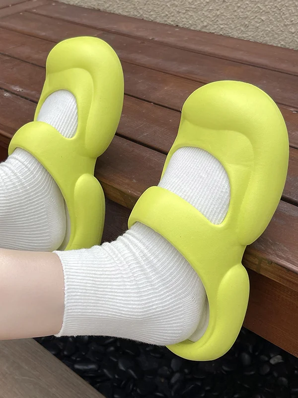 Hollow Round-Toe Solid Color Slider Sandals