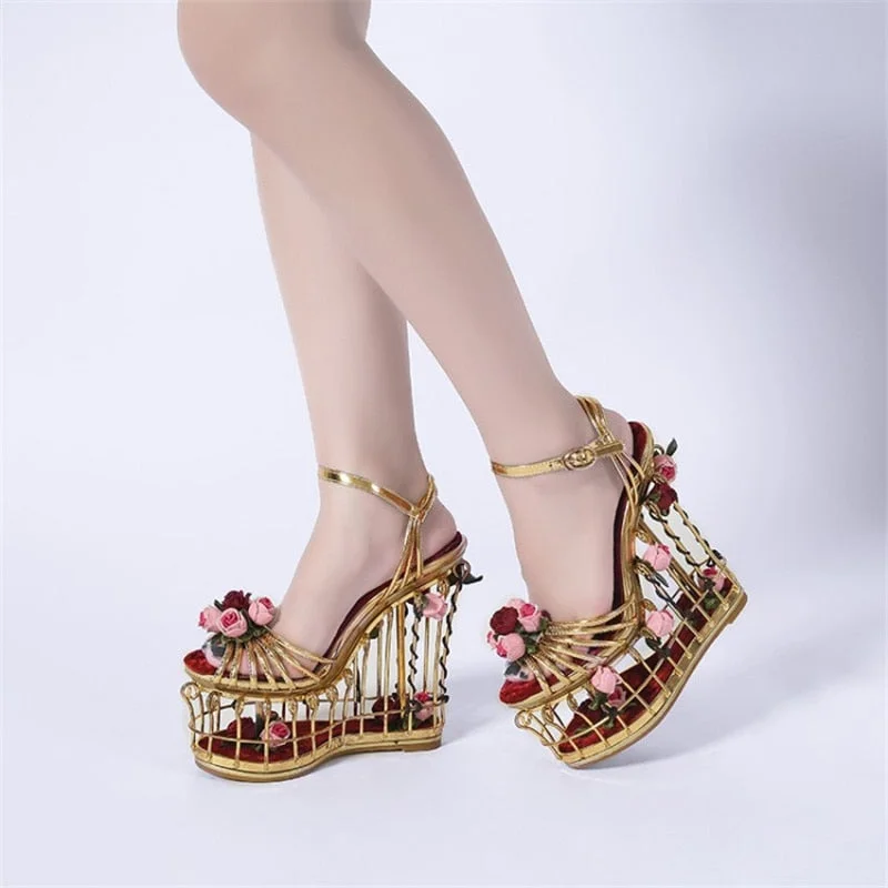 Women Sandals Summer Flowers Super High Heel 15CM Thick Bottom Women Shoes Fretwork Heels Wedding Party Buckle Sandalias Mujer