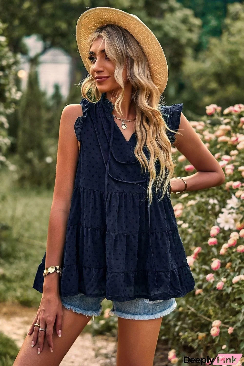 Swiss Dot Ruffle Shoulder Tiered Top