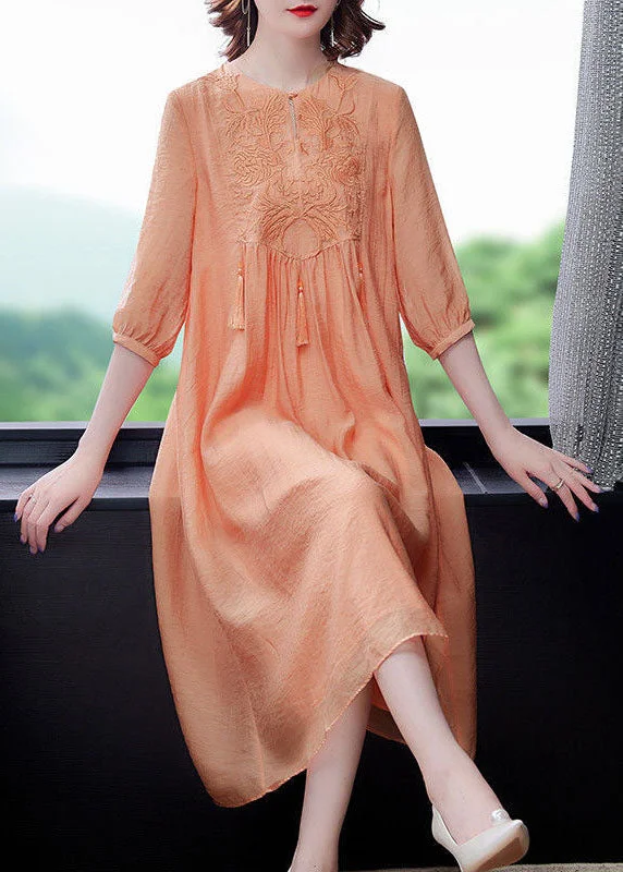 Women Orange Tasseled Embroideried Patchwork Silk Dress Half Sleeve