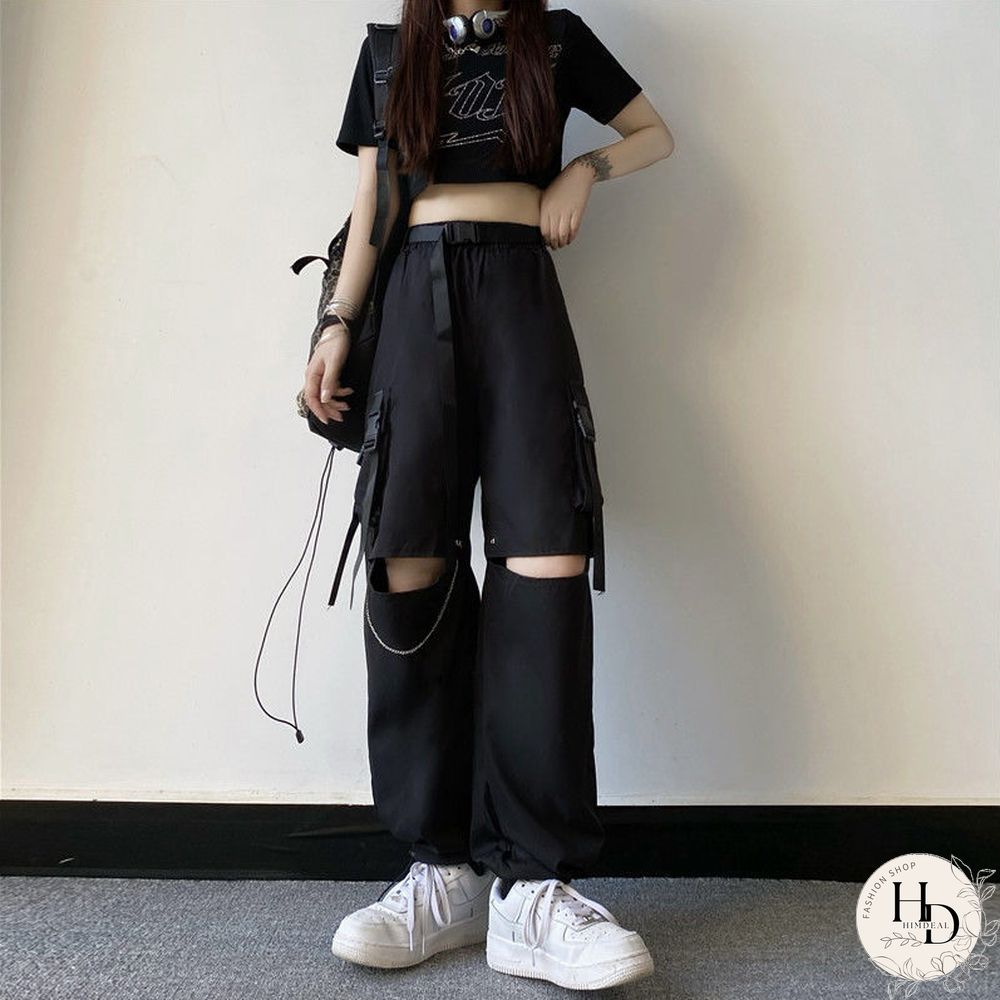 Vintage loose straight pants women high waist hole streetwear cargo pant casual Korean