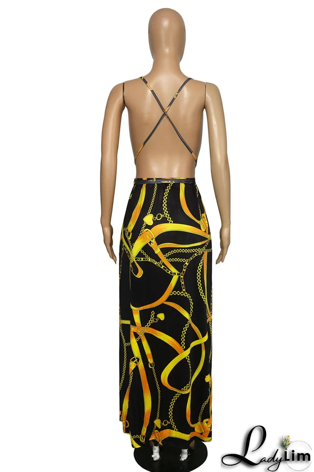 Black Fashion Sexy Plus Size Print Bandage Backless Slit Spaghetti Strap Long Dress