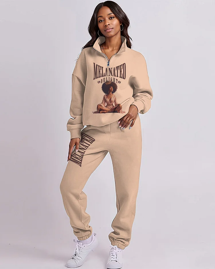 Melanated Turtleneck Zipper Long Sleeve Sweatshirt and Casual Pants Set