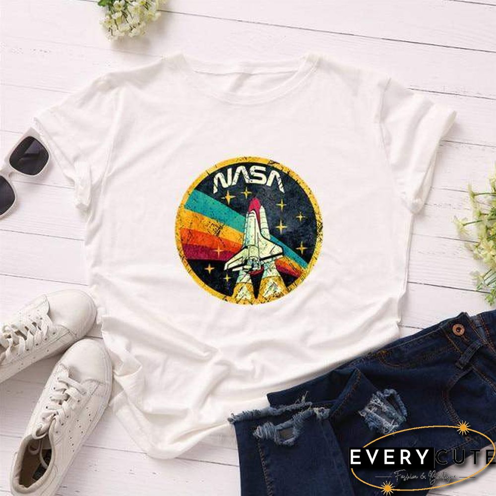 Summer Plus Size Shirt S-5XL New ROCKET Print TShirt Women 100%Cotton O Neck Short Sleeve Tees Casual Tops Woman TShirts