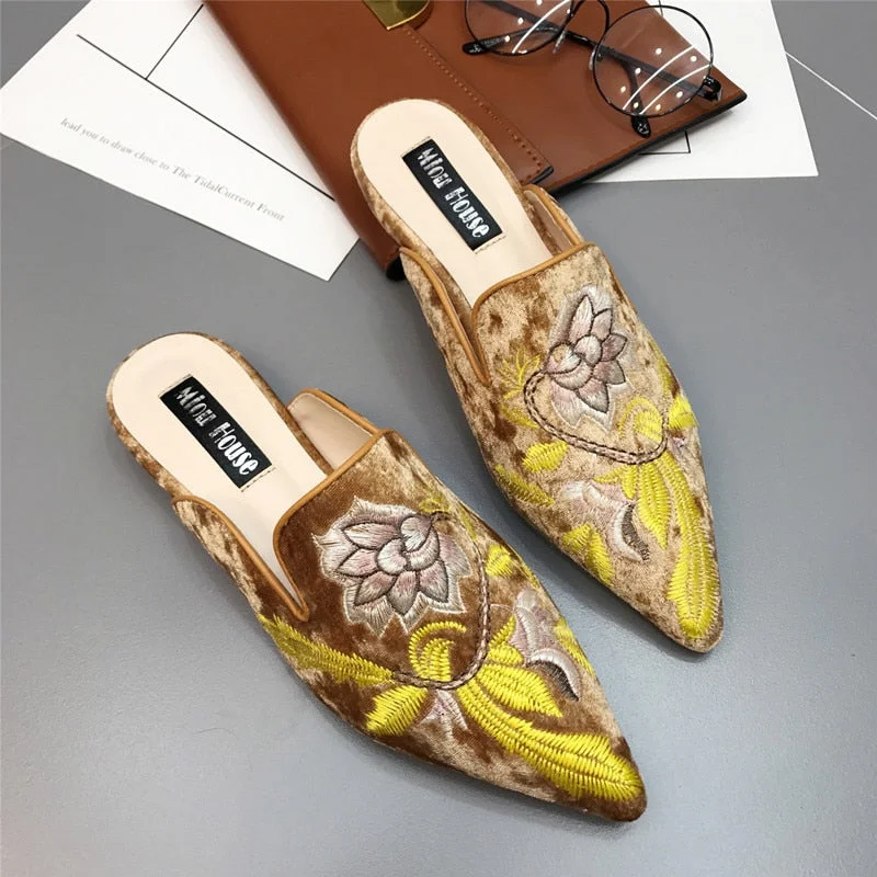 gold velvet mules shoes women embroidery flower slippers pointed toe flock flat moccasins embroider floral loafers flats 2019