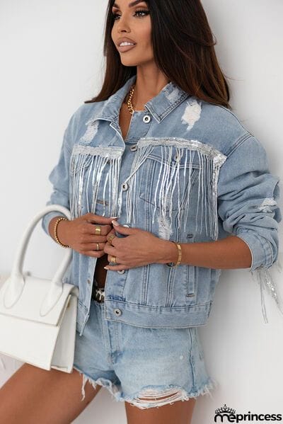 Sequin Fringe Trim Distressed Button Up Denim Jacket