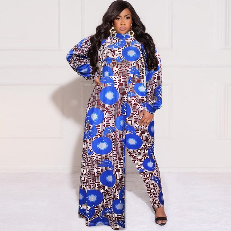 African Americans fashion QFY African Dashiki Print Jumpsuits Plus Size Women Ankara Clothing Long Sleeve Romper Casual Outfits 2022 Chic Party Attires Ankara Style QueenFunky