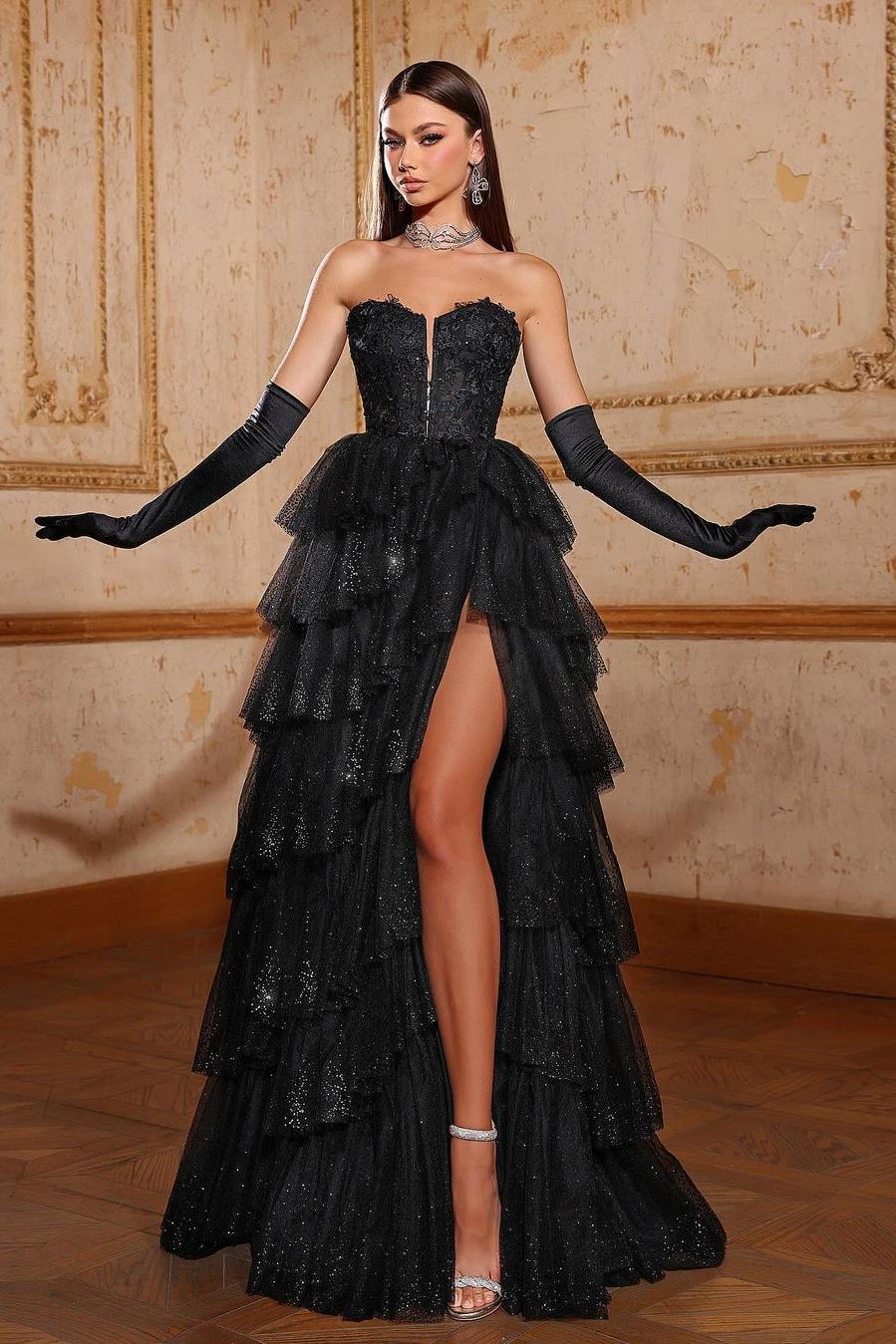 Lussooy Black Stunning Tulle Sequins Strapless Sleeveless Cake Prom Dress with Gloves 