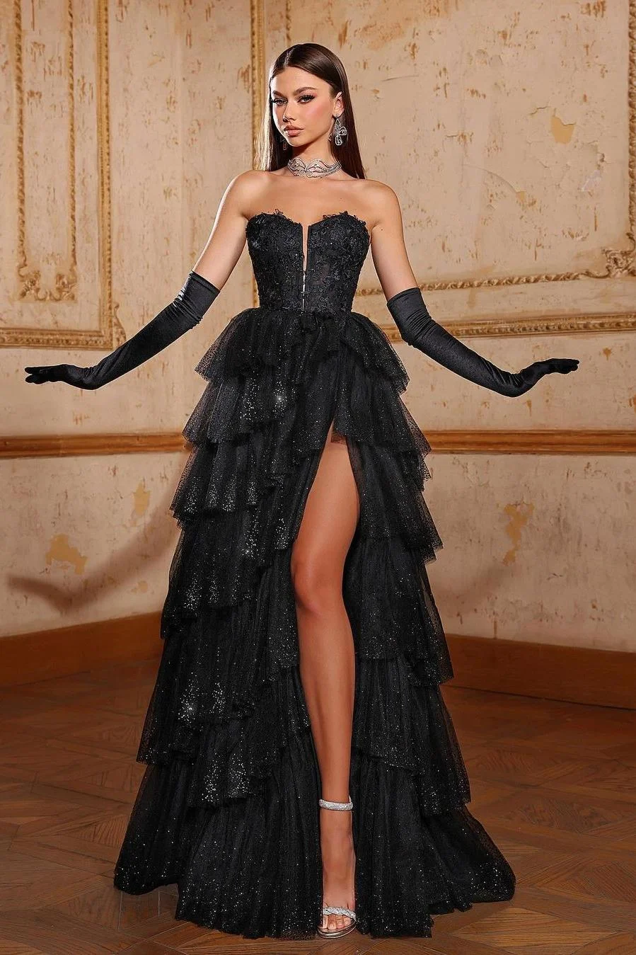 Miabel Stunning Black Tulle Sequins Sleeveless Strapless Cake Prom Dress with Gloves 