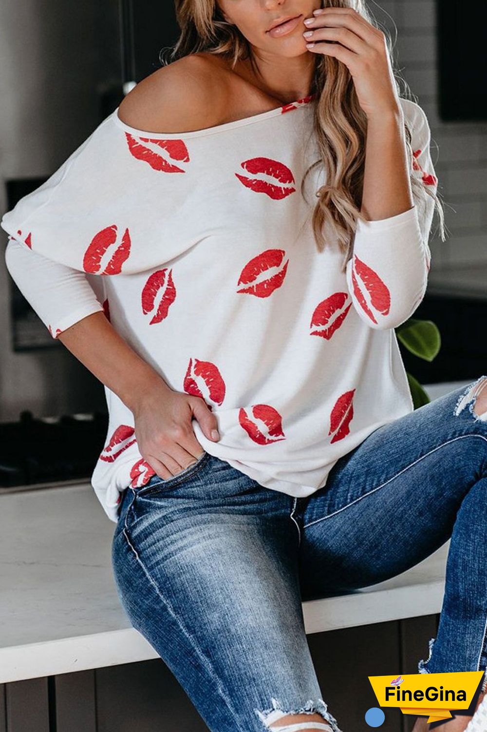 Lip Print Long Sleeve Casual T-Shirt