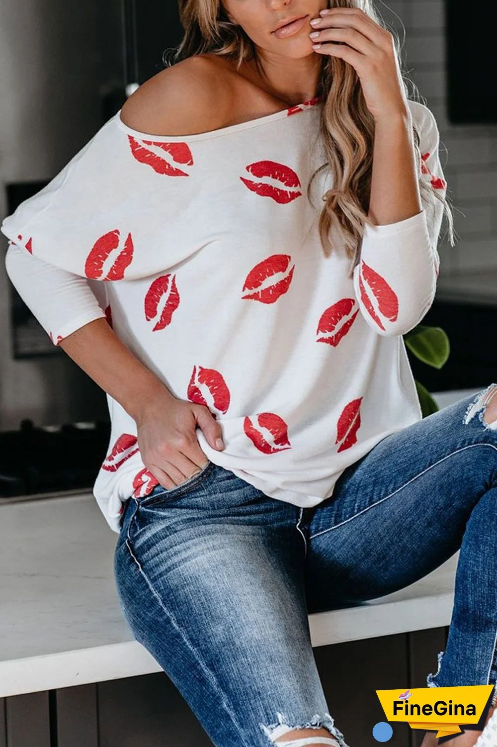 Lip Print Long Sleeve Casual T-Shirt