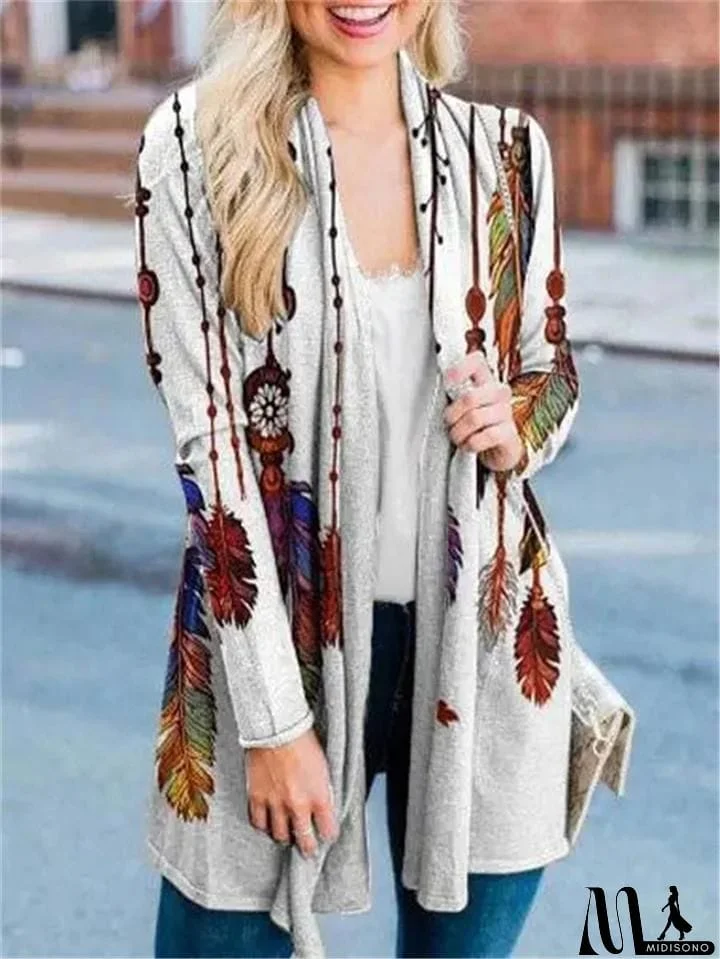 Casual Style Feather Floral Printed Long Sleeve Open Front Tops