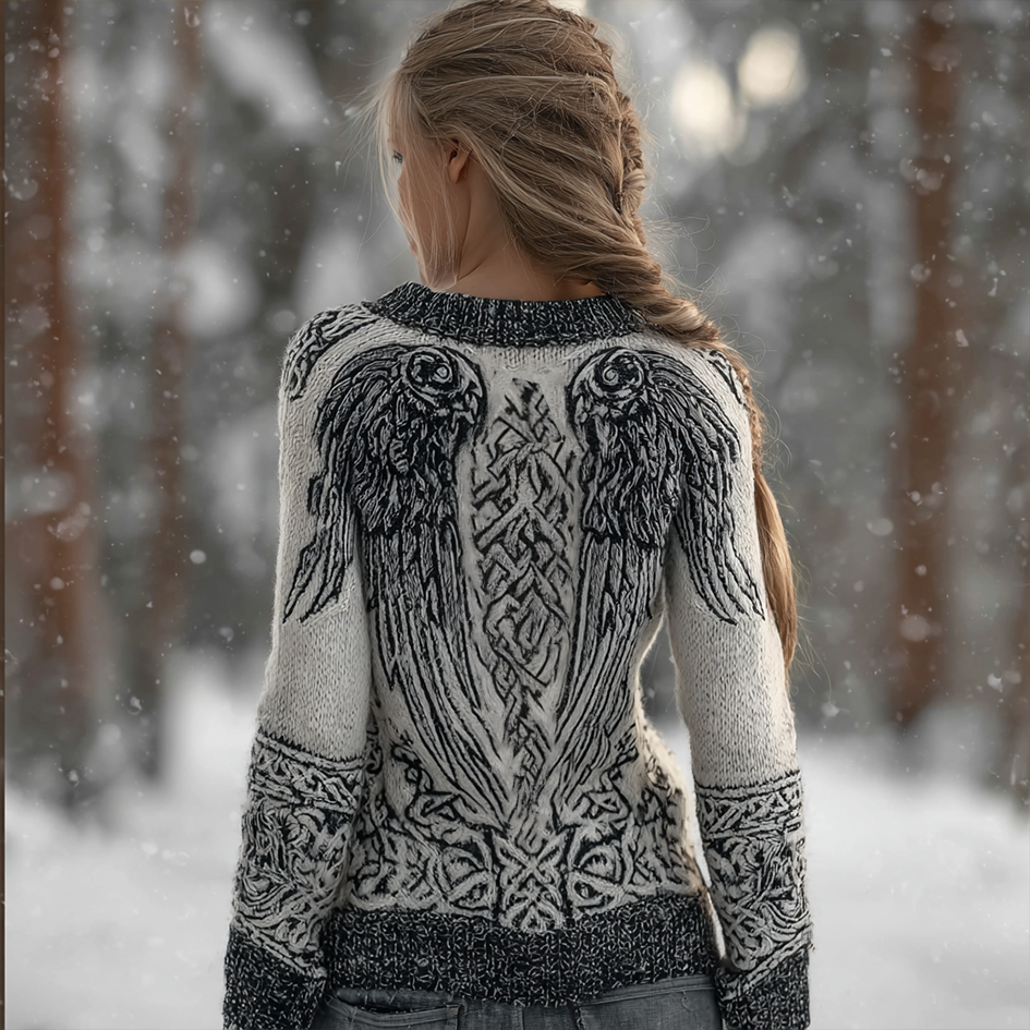 Lady Retro Devil Wing Pattern Design Round Neck Knitted Sweater elevenforest