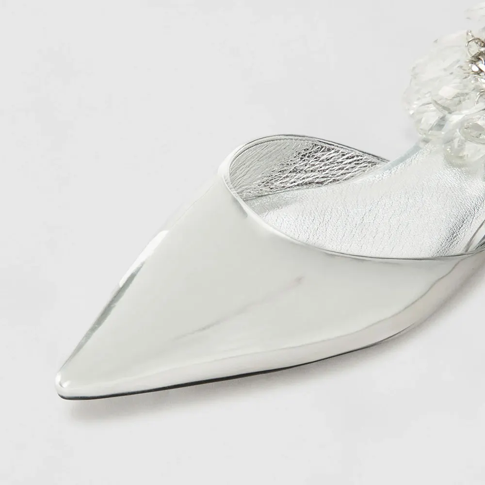 Silver Pointed Toe Chain Strap Rhinestone Flat Shoes for Women