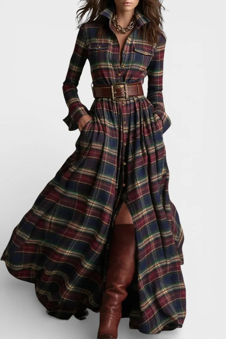 Long Plaid Shirt Dress with Belted Waist