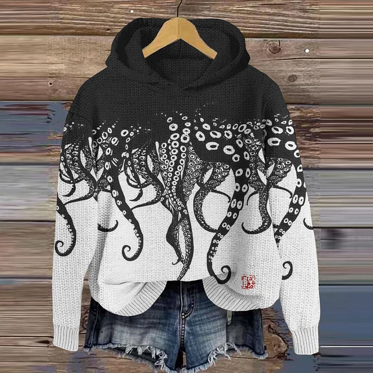 Abstract Vintage Japanese Art Octopus Legs Art Cozy Knit Hooded Sweater