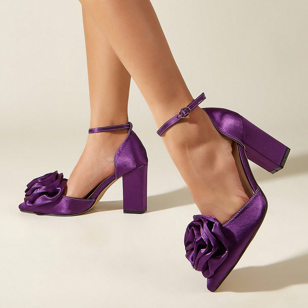 Purple Satin Prom Shoes Pointed Toe Ankle Strap Rose Block Heel Pumps Nicepairs