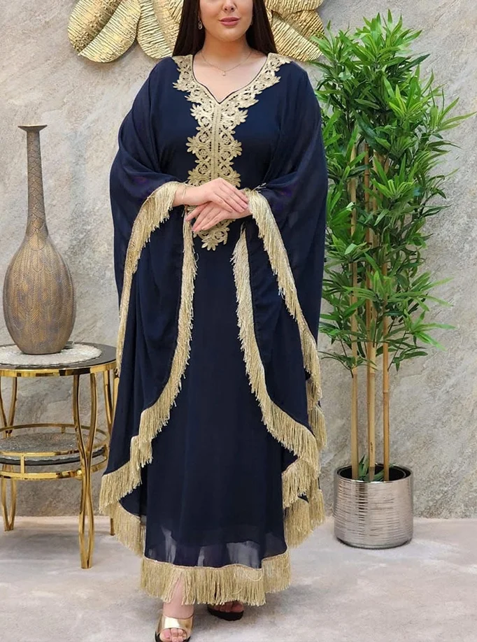 Women's Gold Sequins Embellished Elegant Ethnic Tassel Dress