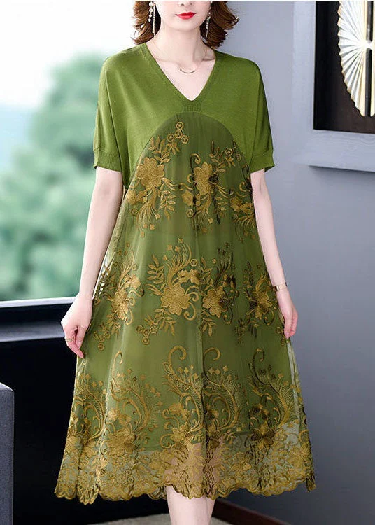 Organic Green V Neck Embroideried Patchwork Tulle Dress Summer