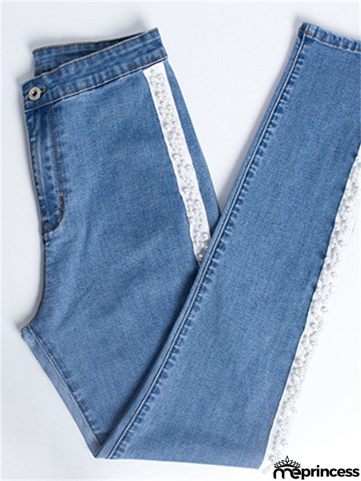 Spring Autumn Pretty White Pearl Woven Tape Thin Denim Jeans for Women