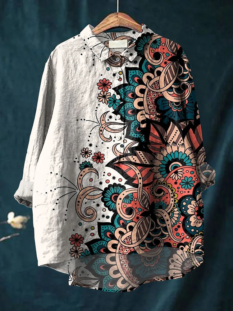 Art Print Casual Cotton And Linen Shirt