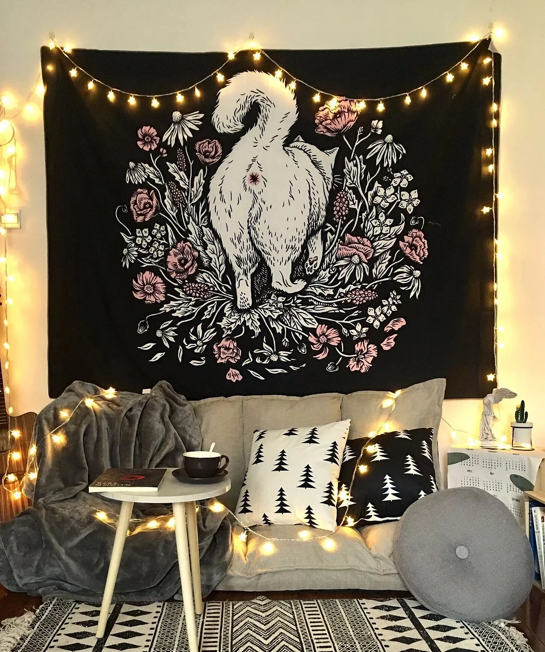Cat Witchcraft Black Tapestry Flower Rose Tapestry Wall Hanging Cat Coven Wall Carpet Tapestries Tarot Boho Ouija Home Decor