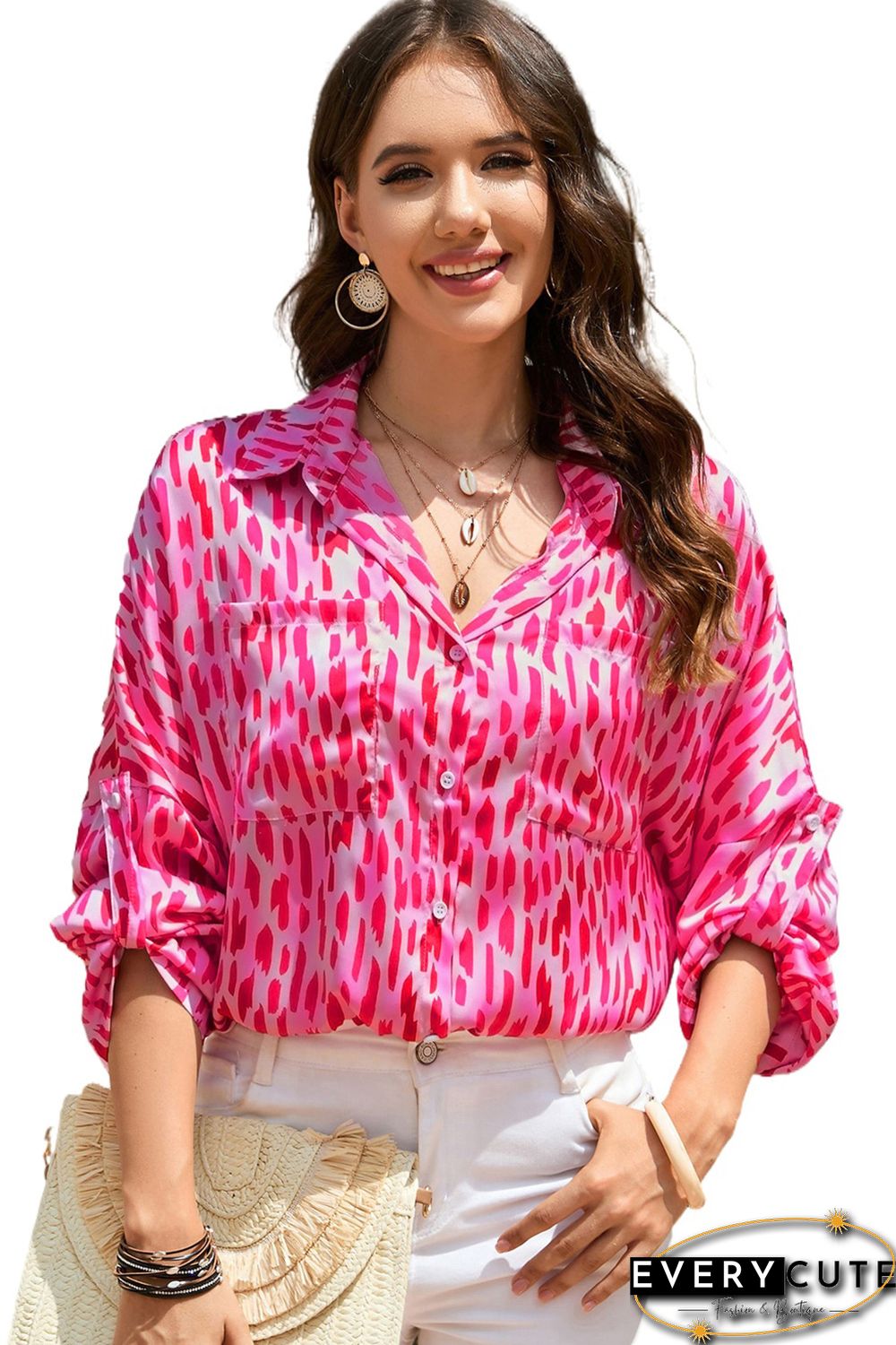 Pink Printed Roll Tab Sleeve Button Up Shirt