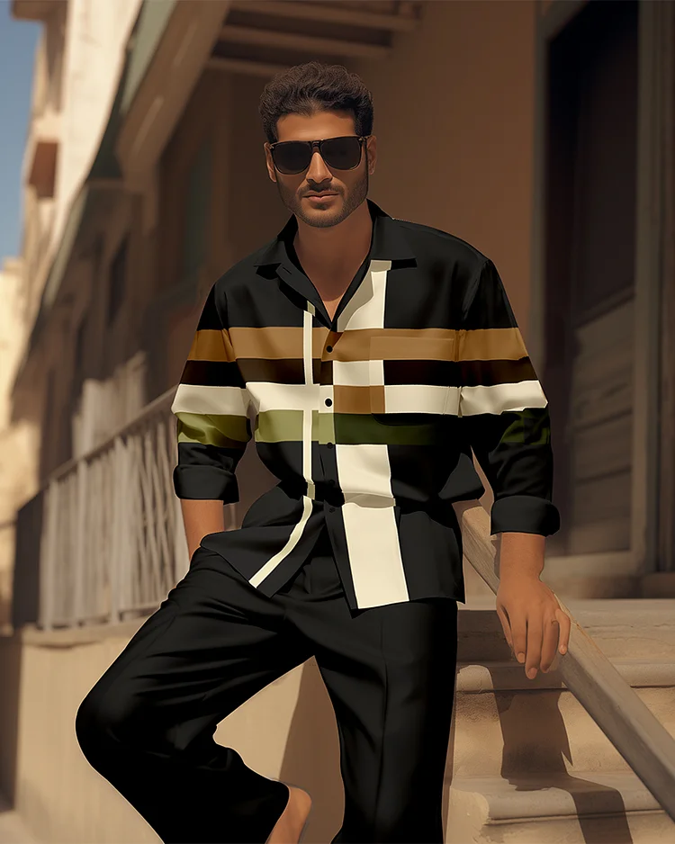 Men's Colorblock Printed Long Sleeve Shirt Casual Walking Suit 1480