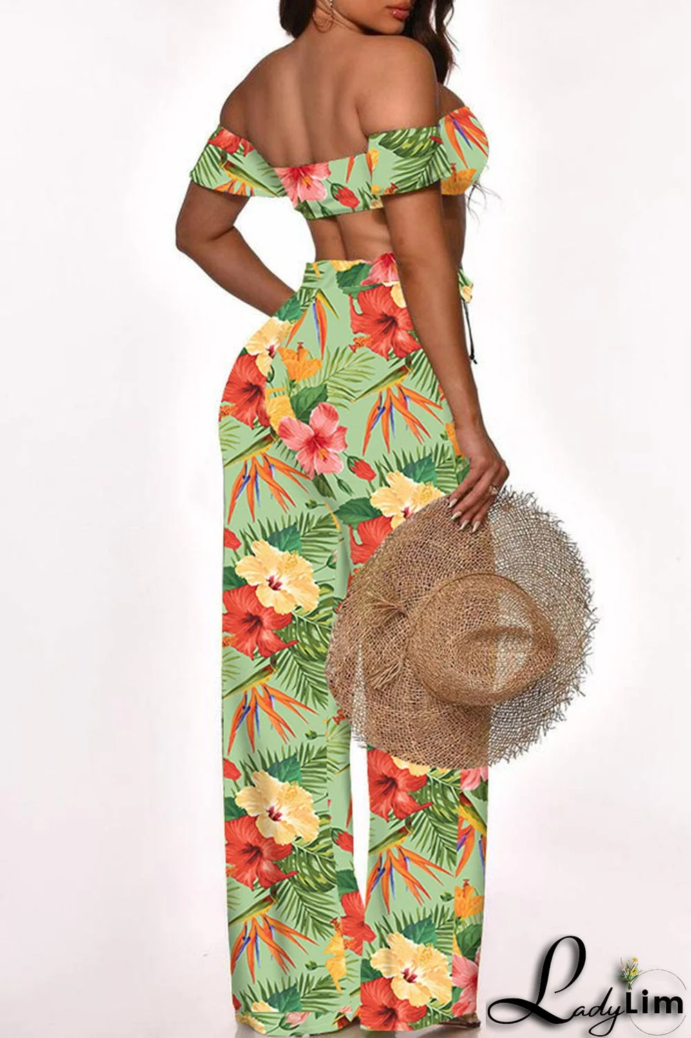 Cyan Fashion Sexy Print Bandage Backless Strapless Two Pieces