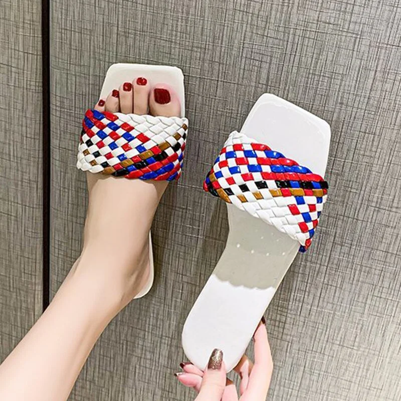 2021 Women Braided Slippers Beach Candy Colors Charm Summer Open-toe Flat Slippers Large Size 42 Vacation Casual Women Shoes