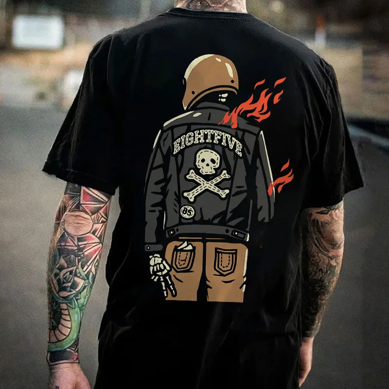 EIGHT FIVE Skeleton Motorcyclist Print Men's T-shirt