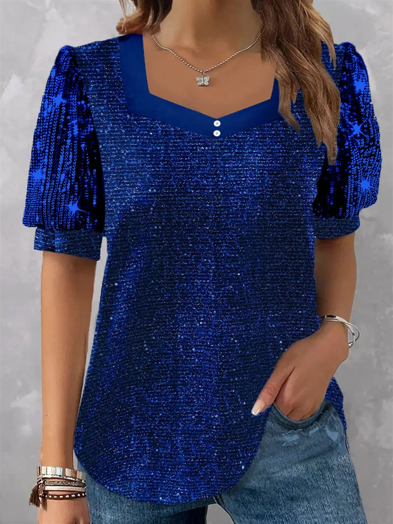 Women's Short Sleeve V-neck Sequins Stitching Graphic Printed Top