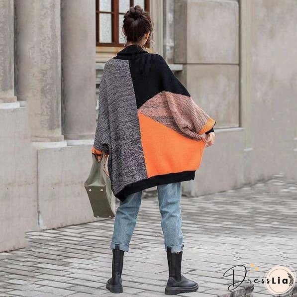 New Irregular Contrast Color O-Neck Collar Pullover Loose Fashion Womens Sweater Winter