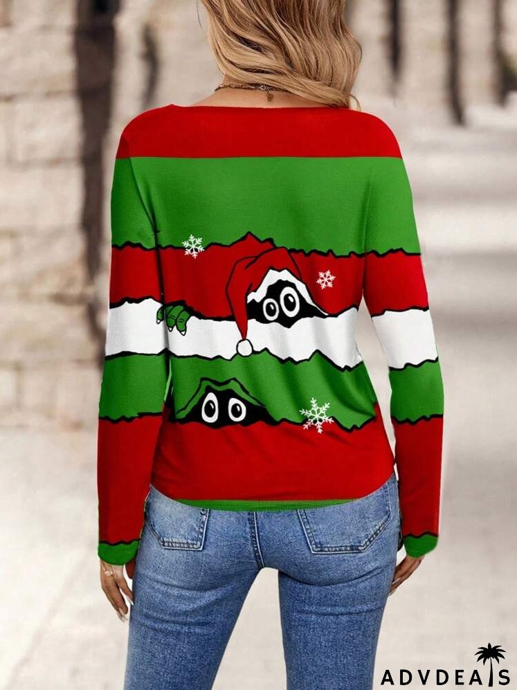 Casual Simple Christmas Element Pattern Loose V-Neck Drop Shoulder T-Shirt, Autumn/Winter