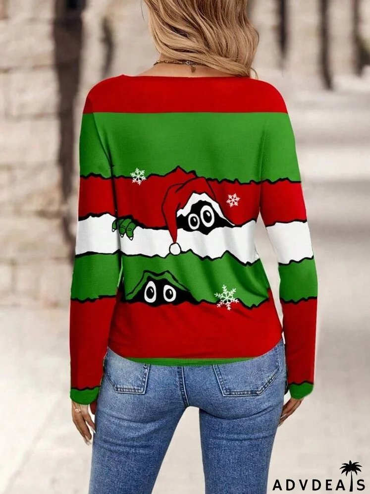 Casual Simple Christmas Element Pattern Loose V-Neck Drop Shoulder T-Shirt, Autumn/Winter