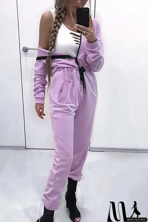 Purple Zipper Drawstring Jumpsuit