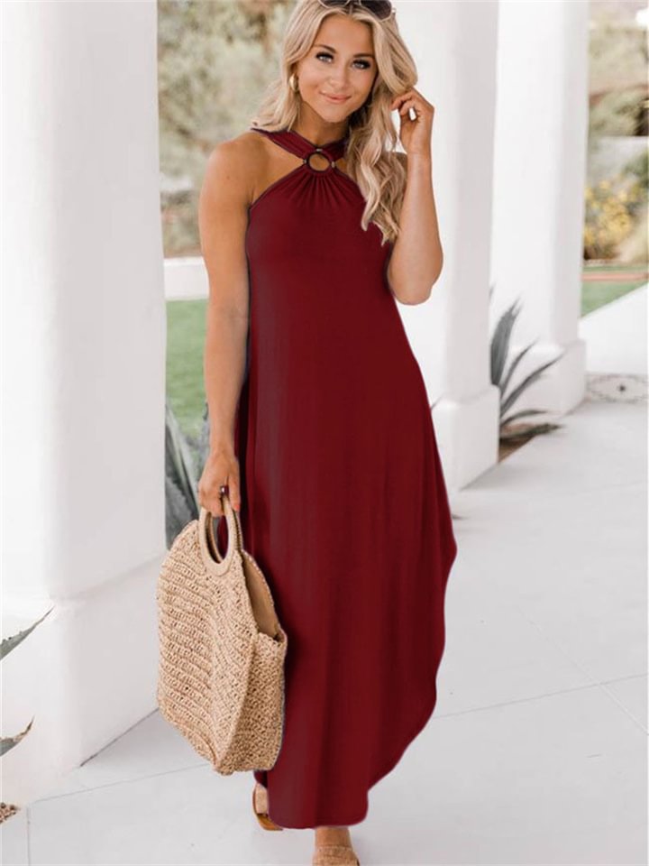 Spring and Summer New Strapless Casual Comfortable Hanging Neck Long Pocket Dress -vasmok