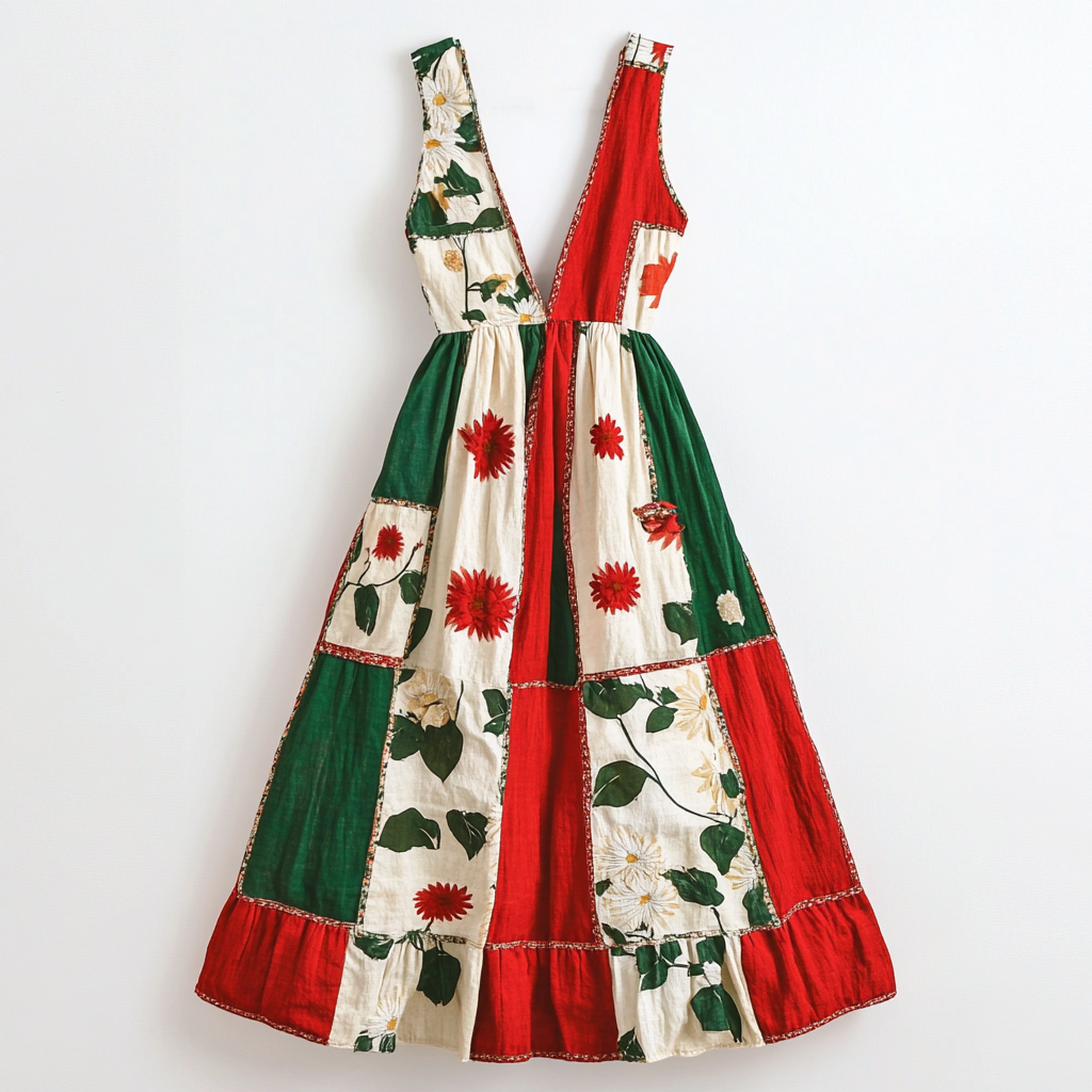 Abito da donna con scollo a V e toppe floreali con bandiera italiana vintage